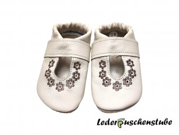 Lederpuschen Ballerina Taufschuh creme Blumen taupe
